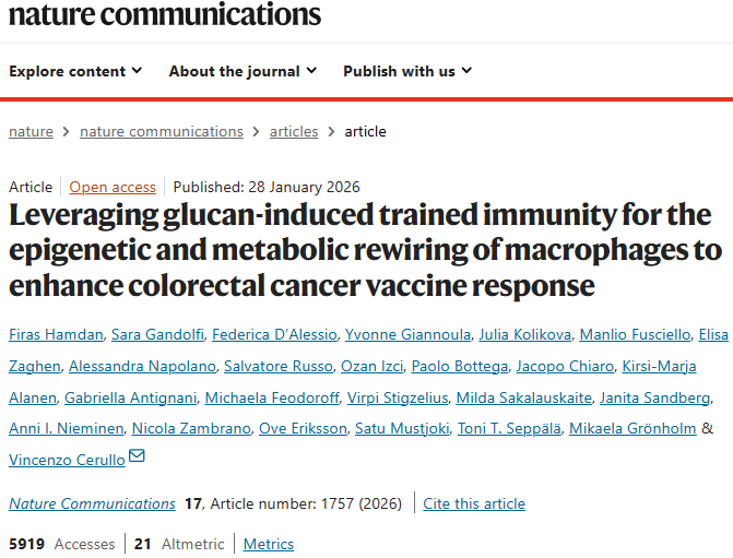 利用β-葡聚糖诱导的训练免疫对巨噬细胞进行表观遗传和代谢重编程以增强结直肠癌疫苗反应